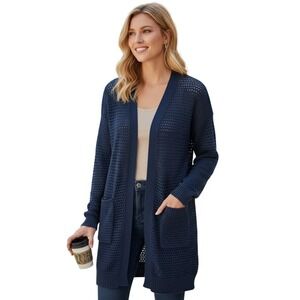 GAP NWT 100% Cotton Mesh Blue Crochet Knit Cardigan Longline Open Cozy Layer S